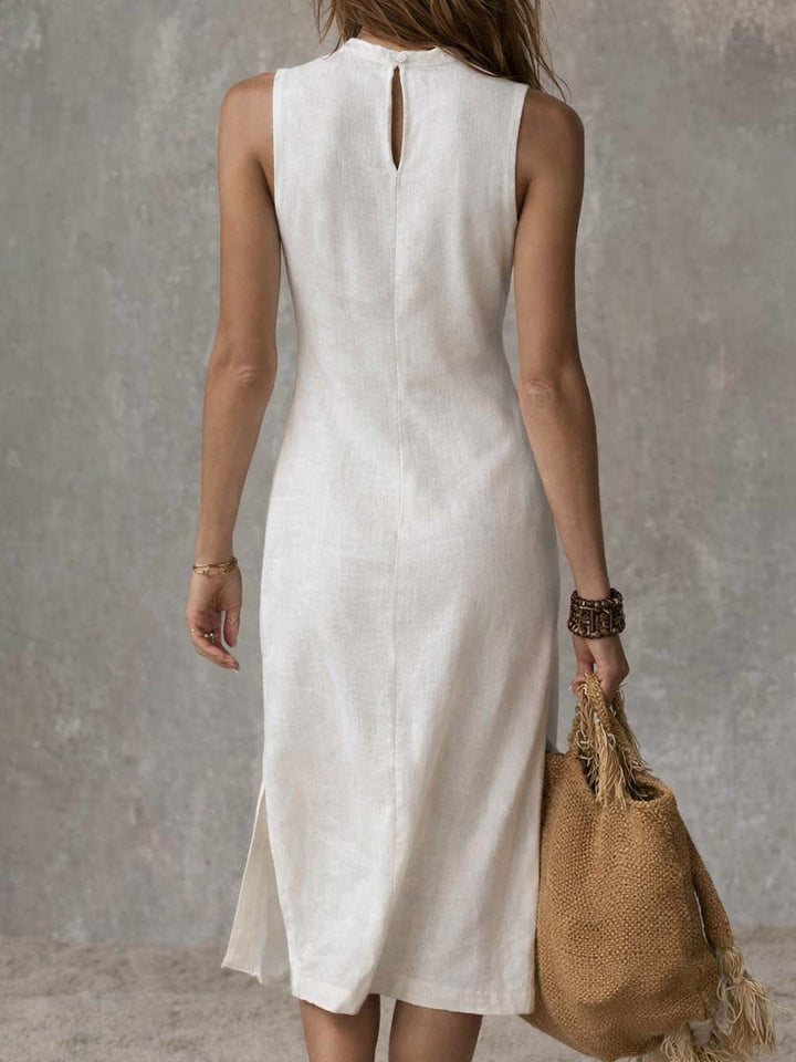 Brivyn | Midi-Kleid aus Baumwolle und Leinen mit hohem Kragen und offenem Saum