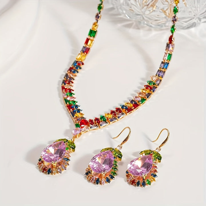 Quothex | Set aus Halskette und Ohrringen mit eleganten, mehrfarbigen Tropfen-Design