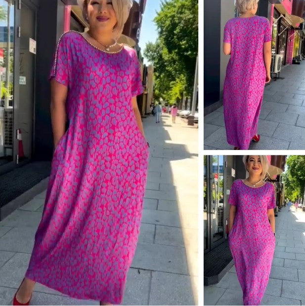 Leni | Rosa und lila Kleid mit floralem Muster und Diamant-Ausschnitt