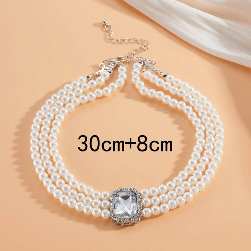 Maxine | Dreireihiger Perlen-Choker mit Kristall