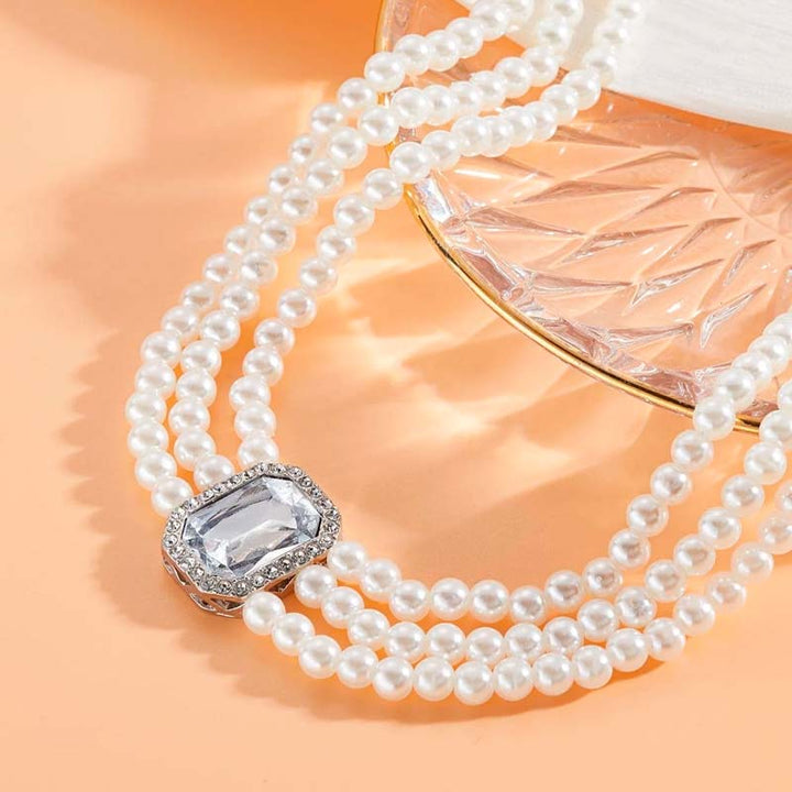Maxine | Dreireihiger Perlen-Choker mit Kristall