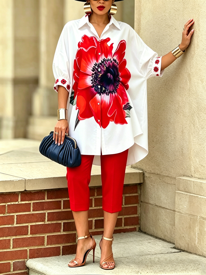 Dellira | Künstlerisches und stilvolles Zweiteiler-Set mit Bluse und Blumenhose