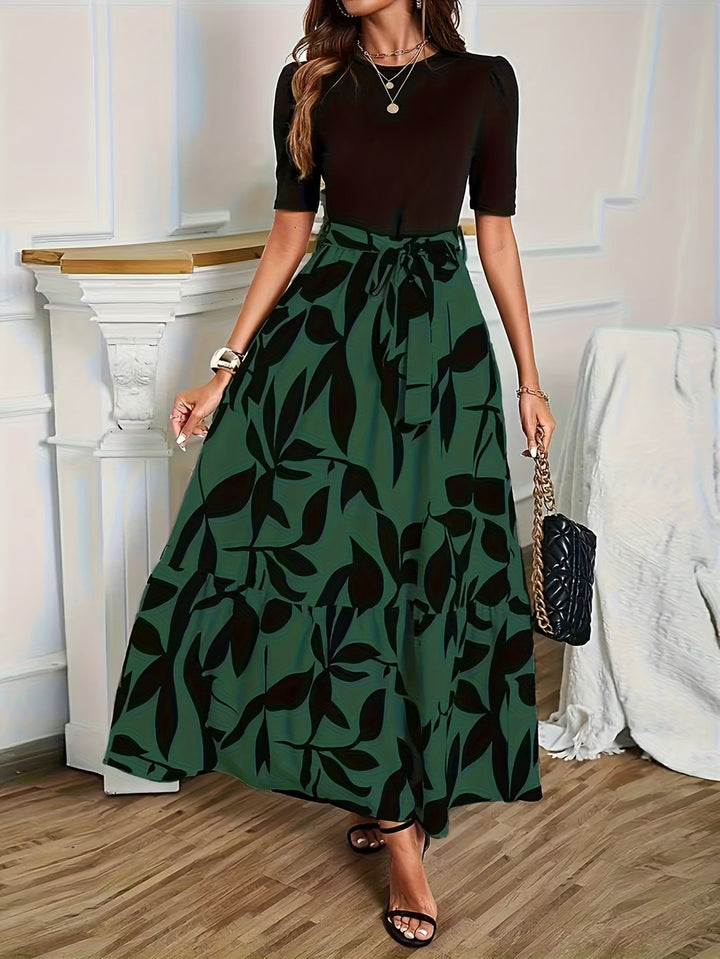 Vanya | Elegantes Midi-Kleid mit geometrischem Muster und Puffärmeln