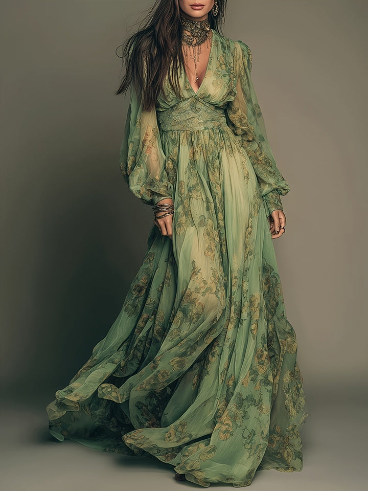 Amanda | Maxikleid mit floralen Boho-Muster, Rüschen und vintage Charme