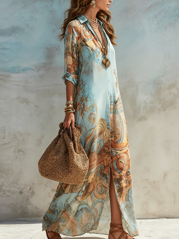 Bellune | Maxikleid aus blauem Chiffon im Barockstil mit Blumen