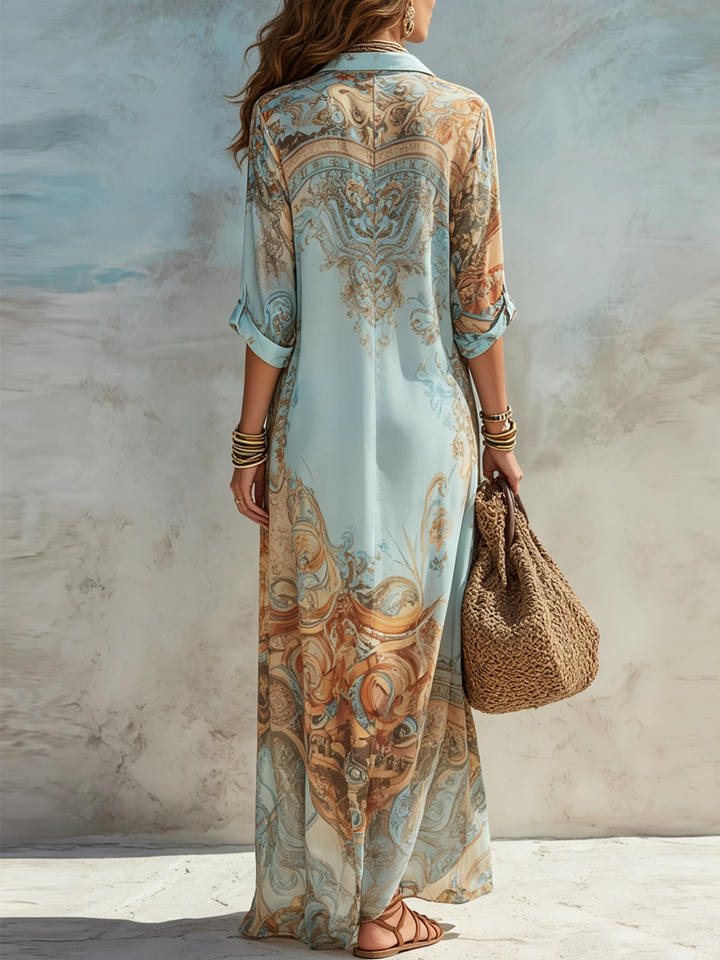 Bellune | Maxikleid aus blauem Chiffon im Barockstil mit Blumen