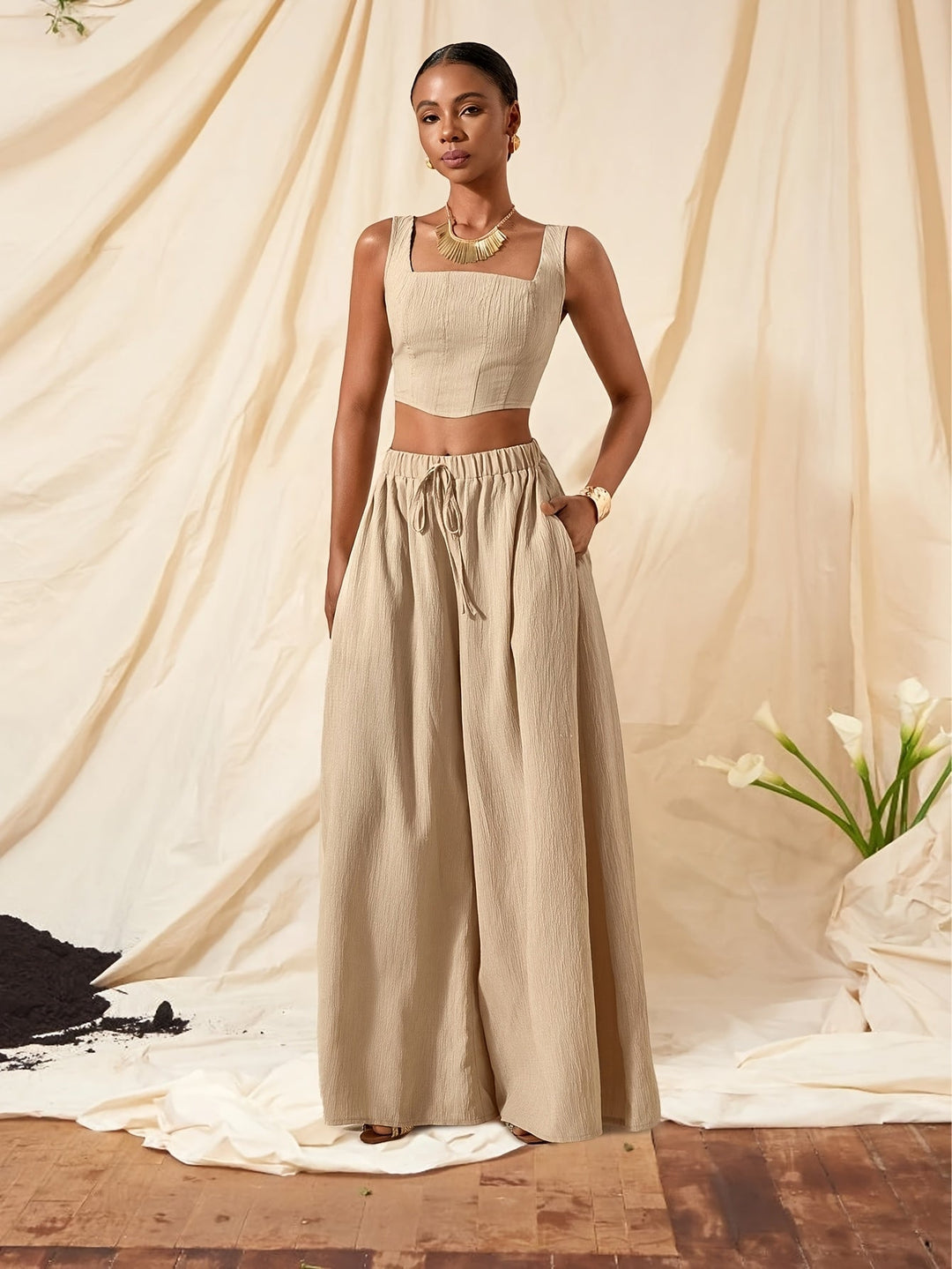 Alessia | Set aus Top mit Trägern und weit geschnittenen Hosen mit Taschen