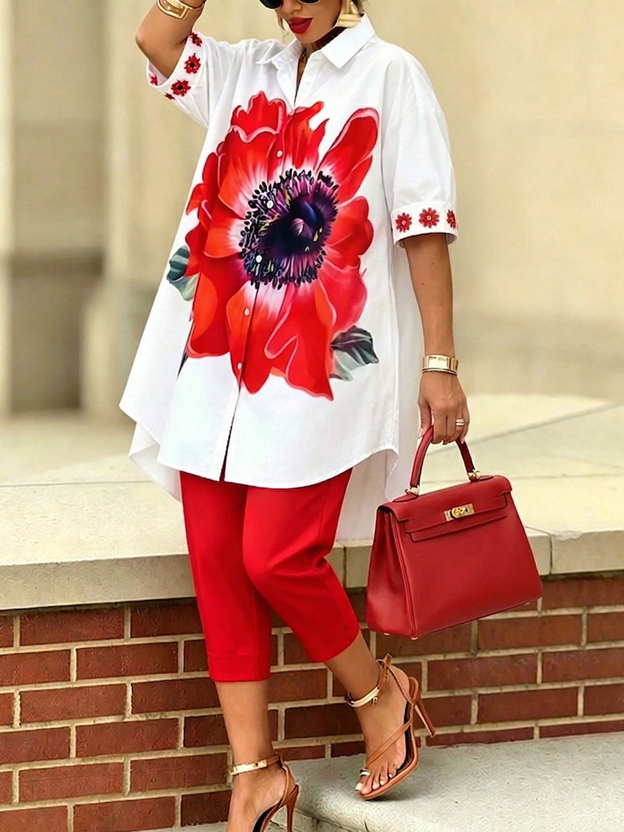 Dellira | Künstlerisches und stilvolles Zweiteiler-Set mit Bluse und Blumenhose