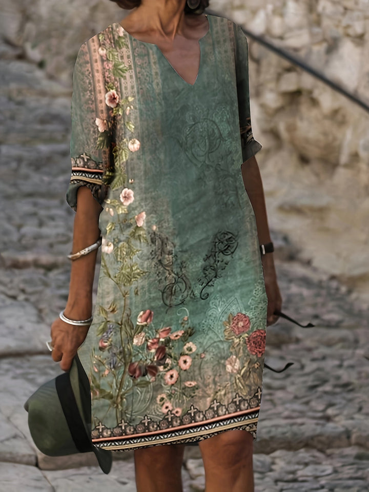 Ariella | Vintage V-Neck Dress with 3/4 Sleeve and Relaxed Fit
