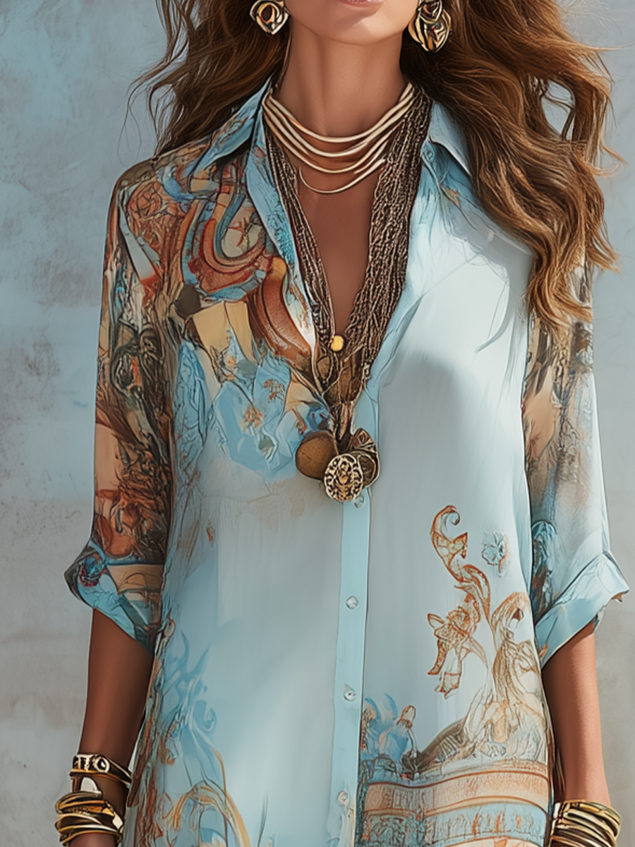 Bellune | Maxikleid aus blauem Chiffon im Barockstil mit Blumen