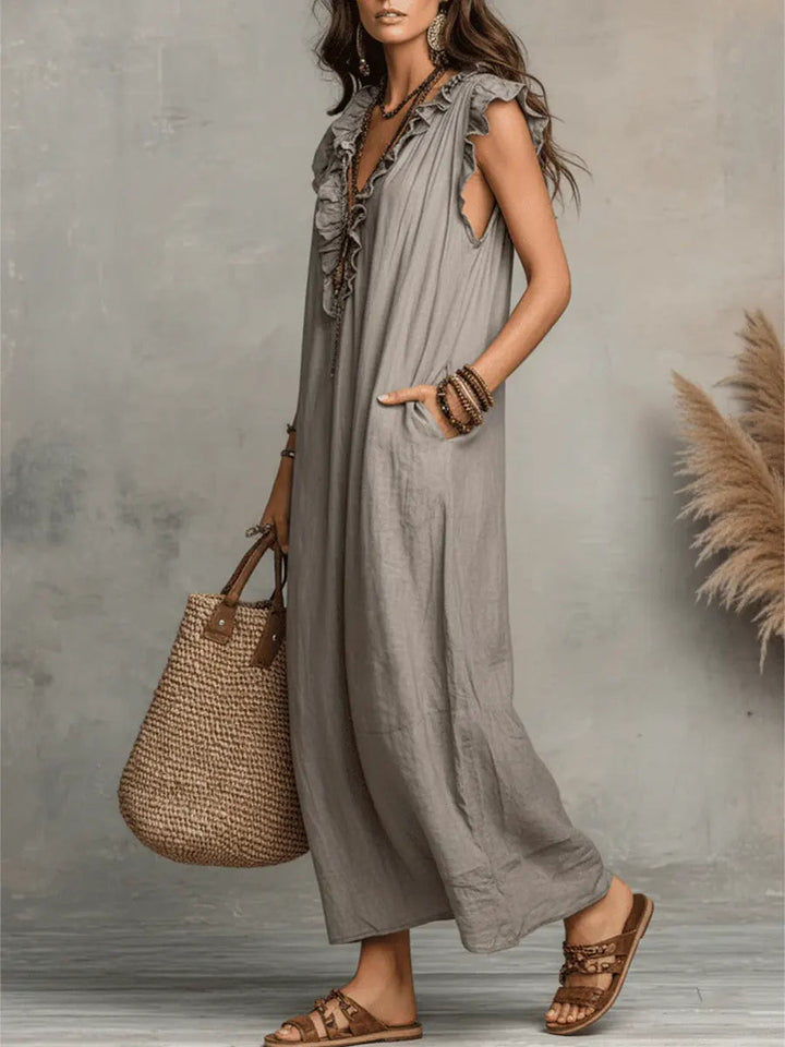 Hadira | Freizeitkleid aus Baumwolle und Leinen mit Rüschen und künstlerischem Stil