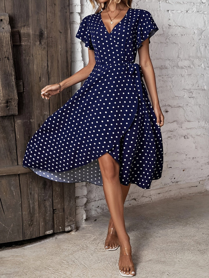 Tiffany | Elegantes Polka-Dots Kleid für Frauen mit Kurzarm und seitlichem Schlitz
