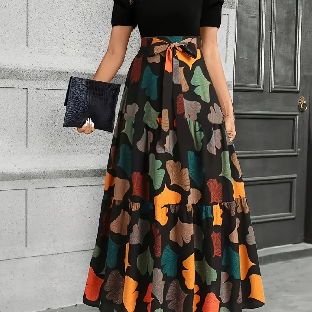 Vanya | Elegantes Midi-Kleid mit geometrischem Muster und Puffärmeln