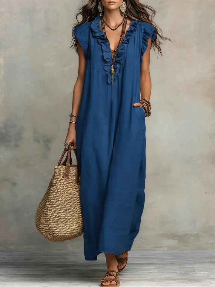 Hadira | Freizeitkleid aus Baumwolle und Leinen mit Rüschen und künstlerischem Stil