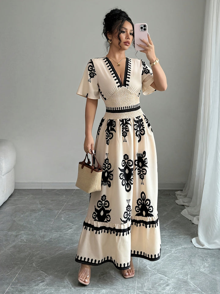 Grace | Vintage Sommer Maxi A-Linie Kleid für Frauen mit V-Ausschnitt und Muster
