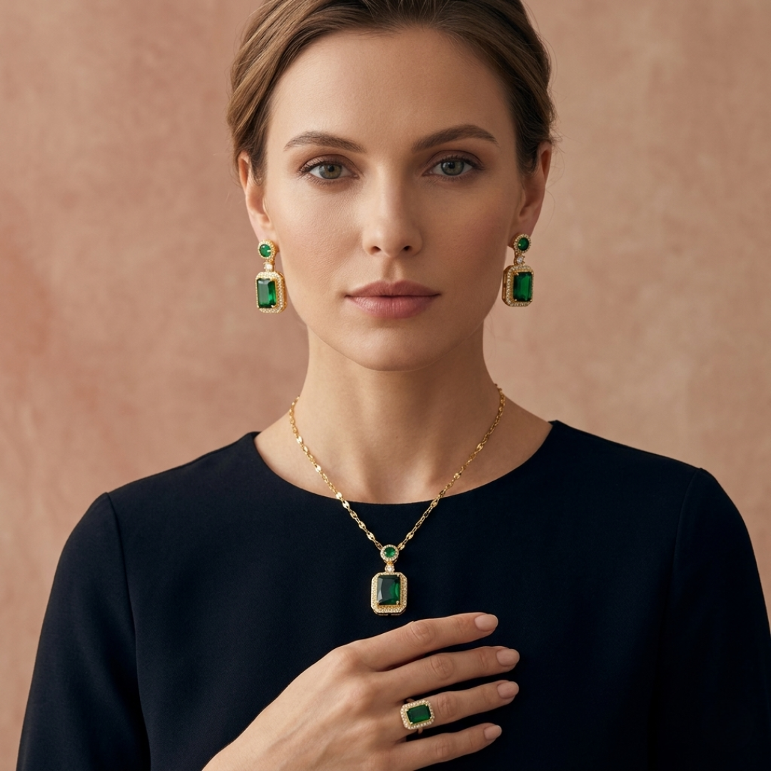 Carlina | Smaragdgrünes Set aus Halskette, Ohrringen und Ring