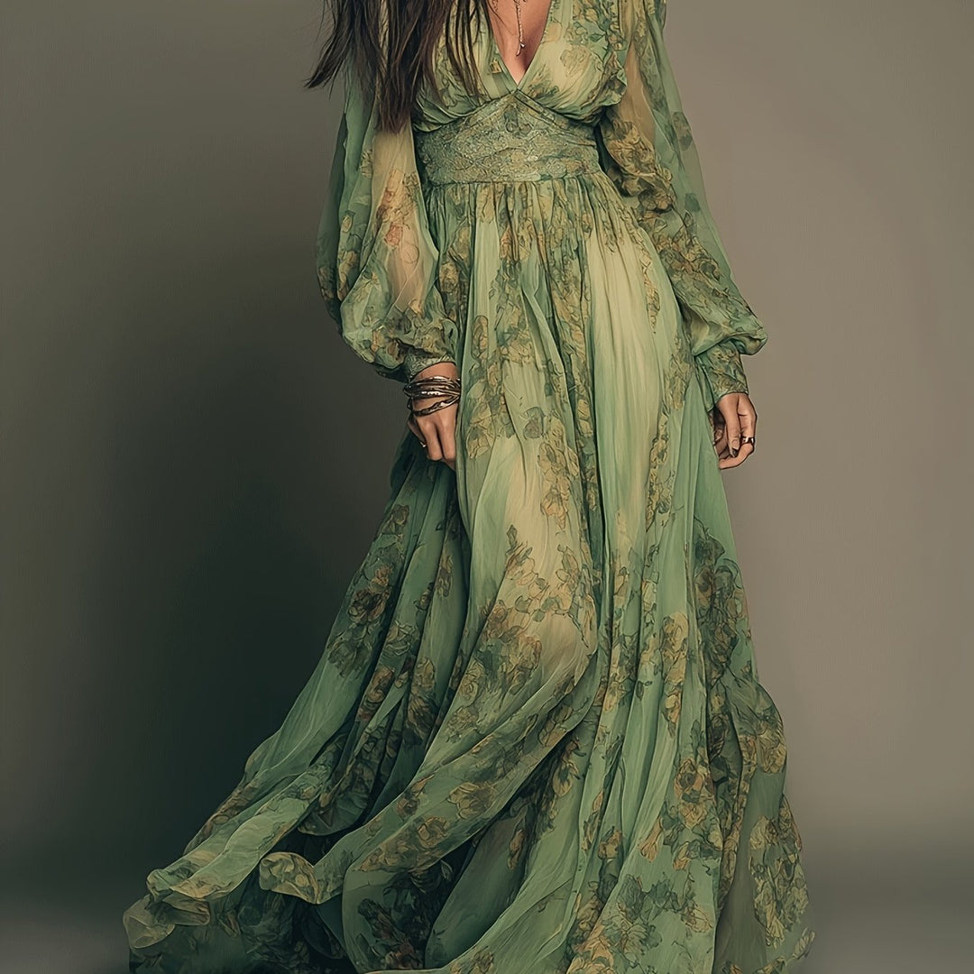 Amanda | Maxikleid mit floralen Boho-Muster, Rüschen und vintage Charme