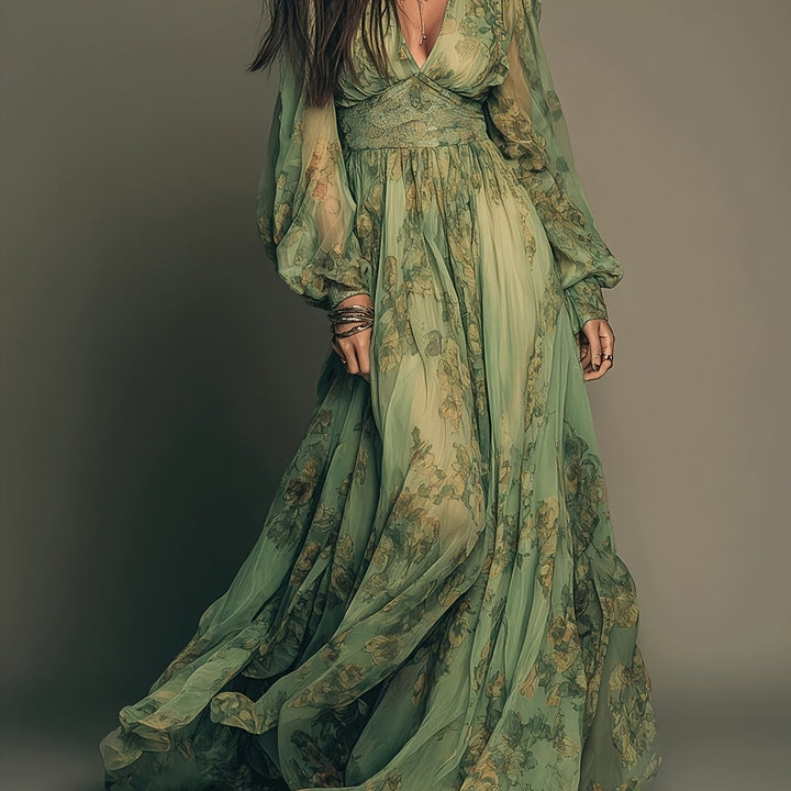 Amanda | Maxikleid mit floralen Boho-Muster, Rüschen und vintage Charme