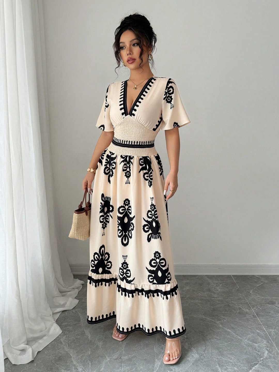 Grace | Vintage Sommer Maxi A-Linie Kleid für Frauen mit V-Ausschnitt und Muster