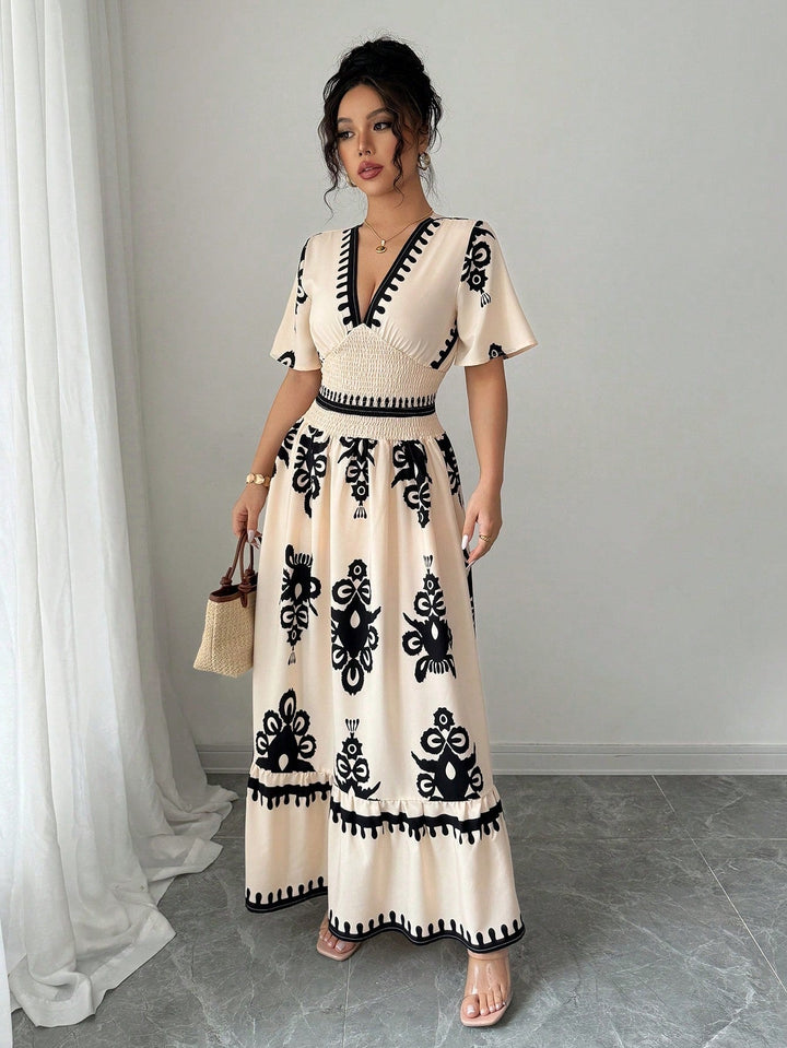 Grace | Vintage Sommer Maxi A-Linie Kleid für Frauen mit V-Ausschnitt und Muster