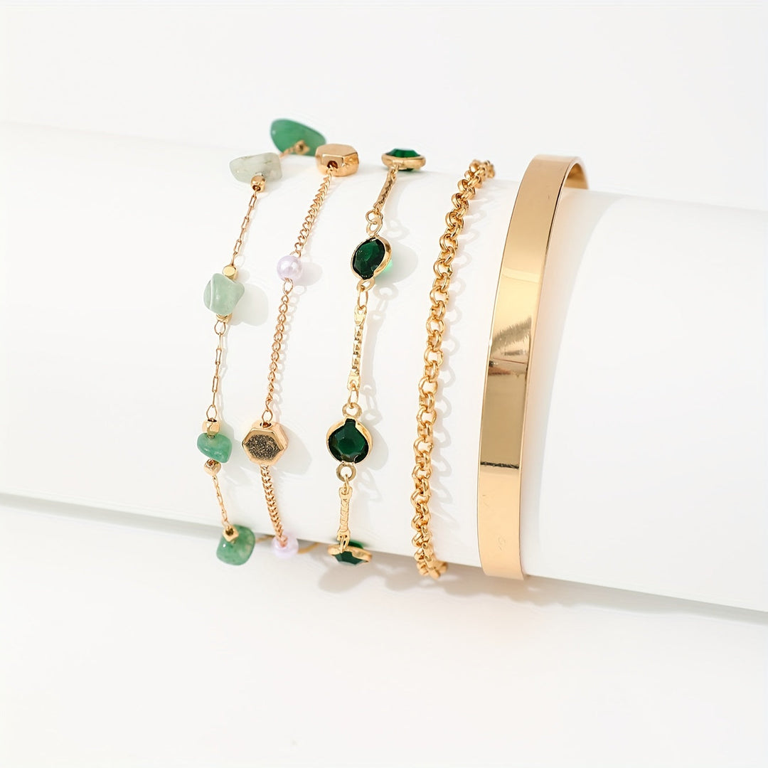 Aethique | Set aus 5 Bohemian-Armbändern mit grünen Steinen und Vintage-Details