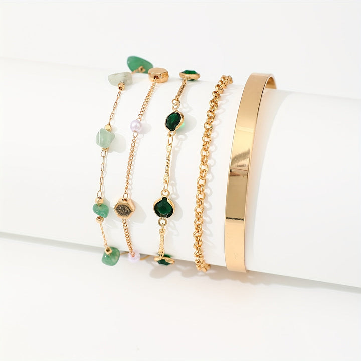 Aethique | Set aus 5 Bohemian-Armbändern mit grünen Steinen und Vintage-Details