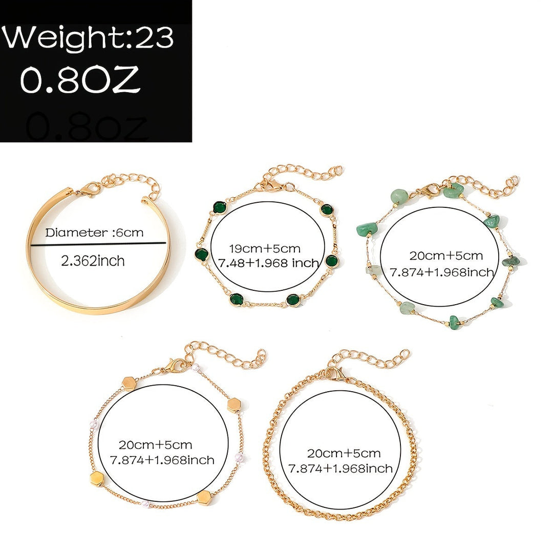 Aethique | Set aus 5 Bohemian-Armbändern mit grünen Steinen und Vintage-Details