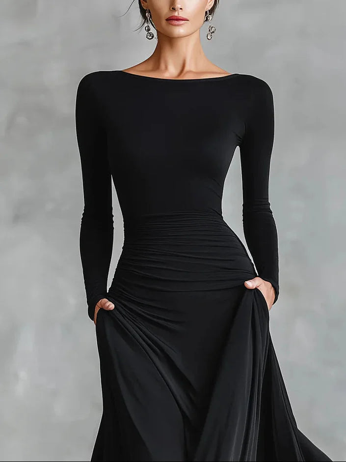 Kaitlyn | Langärmliges, gerafftes Maxikleid