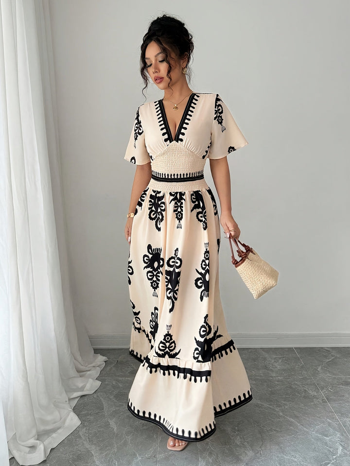 Grace | Vintage Sommer Maxi A-Linie Kleid für Frauen mit V-Ausschnitt und Muster