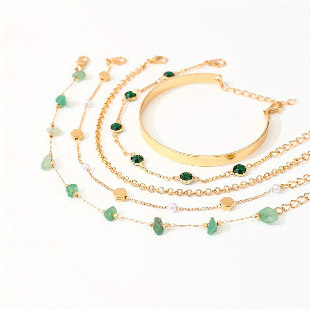 Aethique | Set aus 5 Bohemian-Armbändern mit grünen Steinen und Vintage-Details