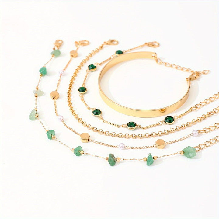 Aethique | Set aus 5 Bohemian-Armbändern mit grünen Steinen und Vintage-Details