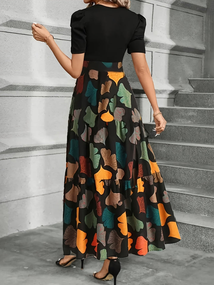 Vanya | Elegantes Midi-Kleid mit geometrischem Muster und Puffärmeln
