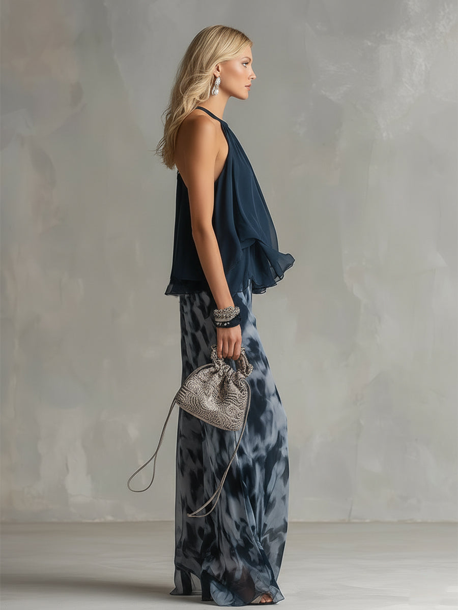 Isolde | elegante Chiffon-Bluse mit hohem Kragen und bedruckten weiten Hosen