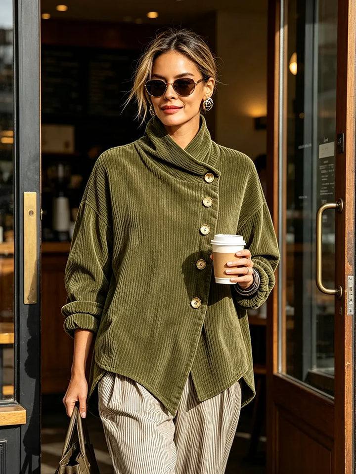 Harper | Cordbluse mit asymmetrischem Stehkragen