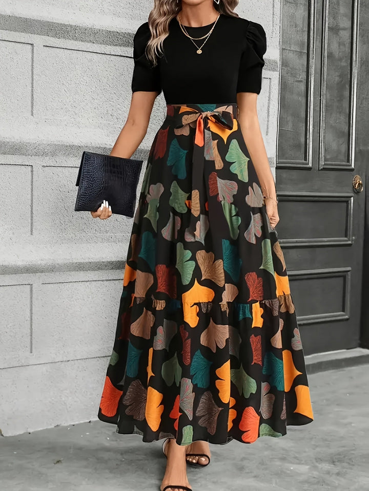 Vanya | Elegantes Midi-Kleid mit geometrischem Muster und Puffärmeln