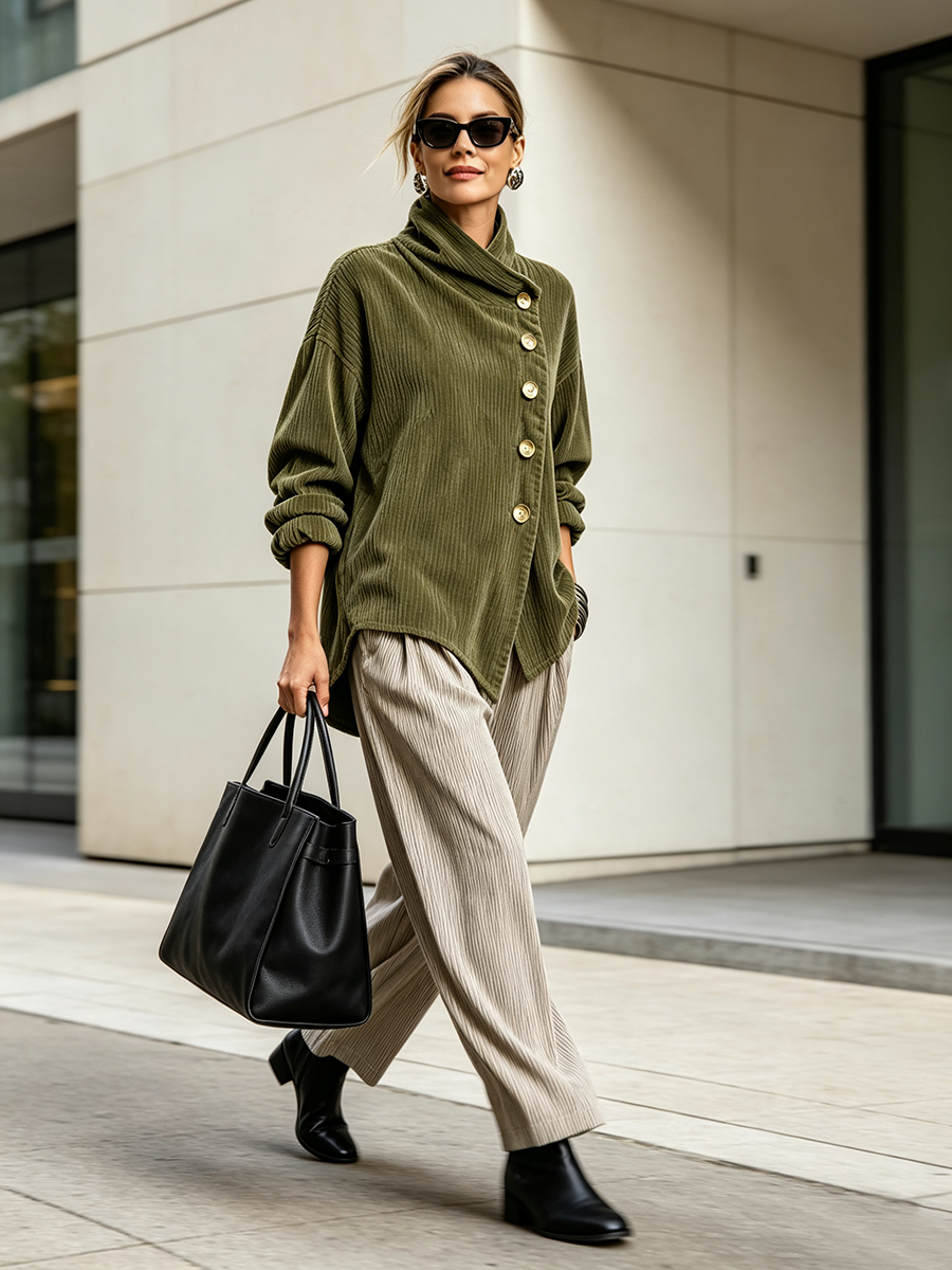 Harper | Cordbluse mit asymmetrischem Stehkragen