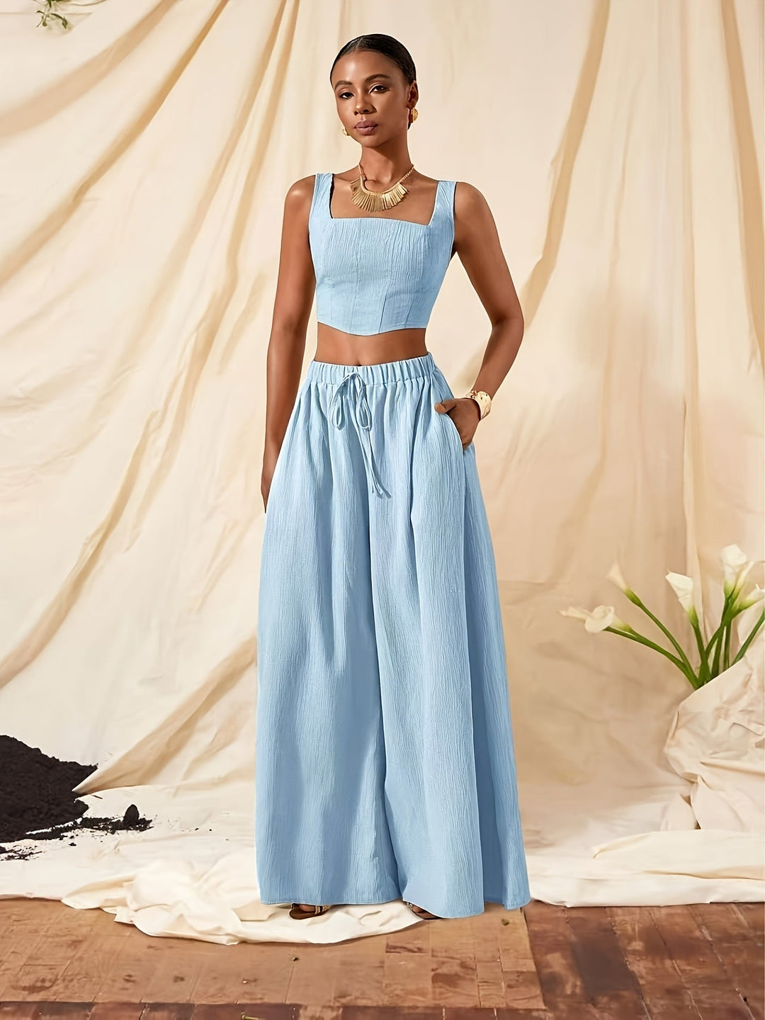 Alessia | Set aus Top mit Trägern und weit geschnittenen Hosen mit Taschen