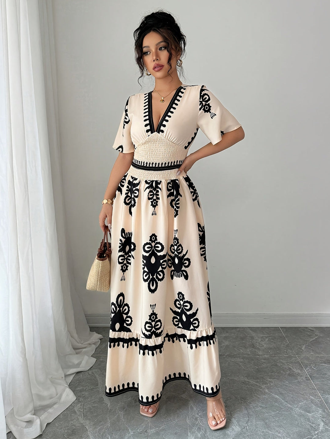 Grace | Vintage Sommer Maxi A-Linie Kleid für Frauen mit V-Ausschnitt und Muster