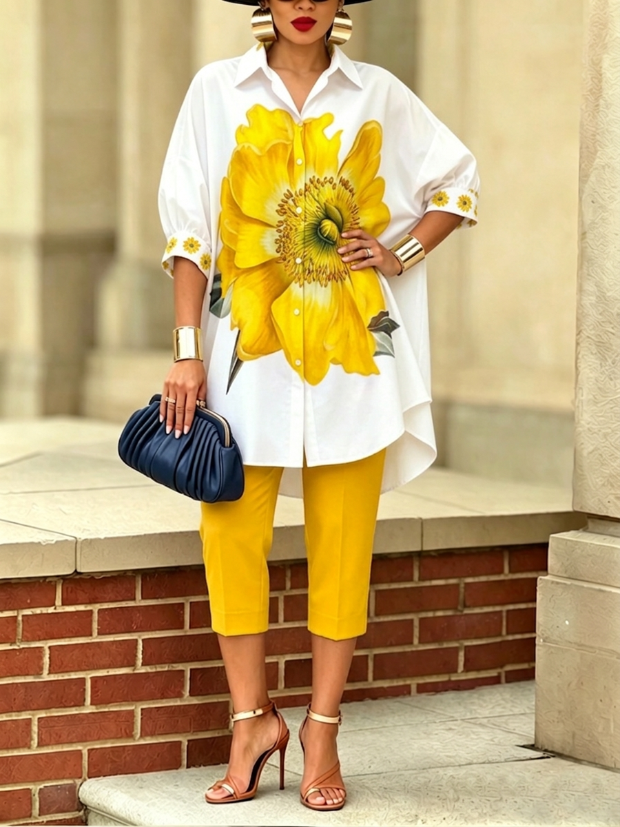 Dellira | Künstlerisches und stilvolles Zweiteiler-Set mit Bluse und Blumenhose