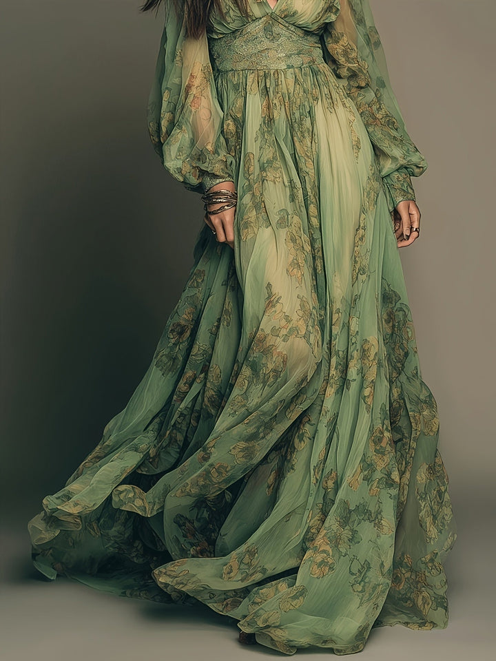 Amanda | Maxikleid mit floralen Boho-Muster, Rüschen und vintage Charme