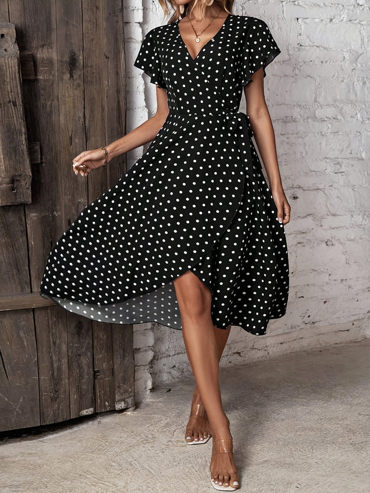 Tiffany | Elegantes Polka-Dots Kleid für Frauen mit Kurzarm und seitlichem Schlitz