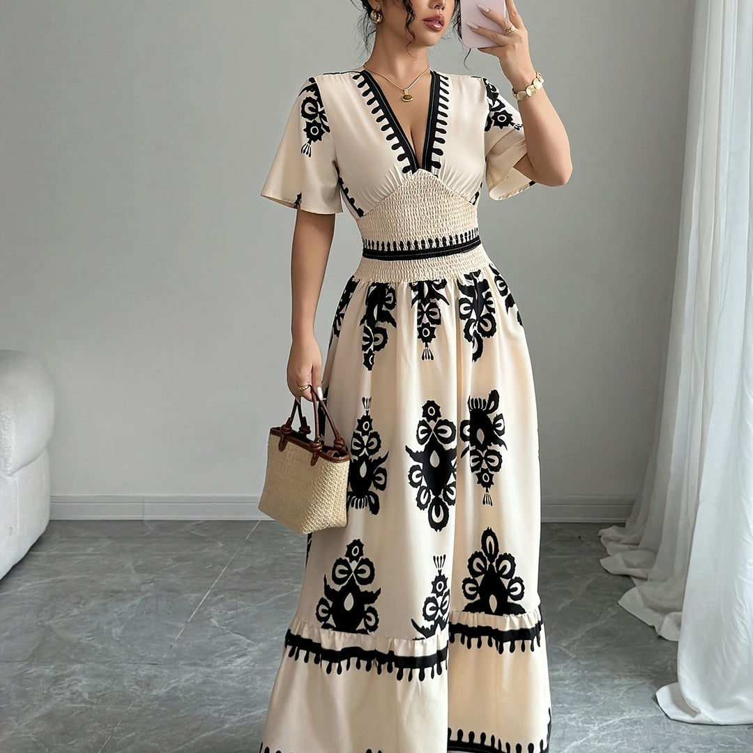 Grace | Vintage Sommer Maxi A-Linie Kleid für Frauen mit V-Ausschnitt und Muster