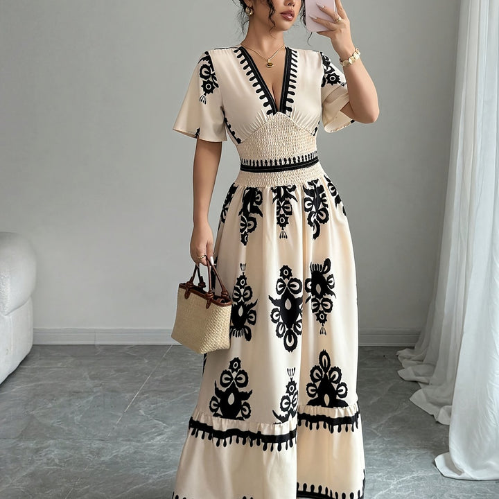Grace | Vintage Summer Women's Maxi A-Line Dress with Print and V-Neck