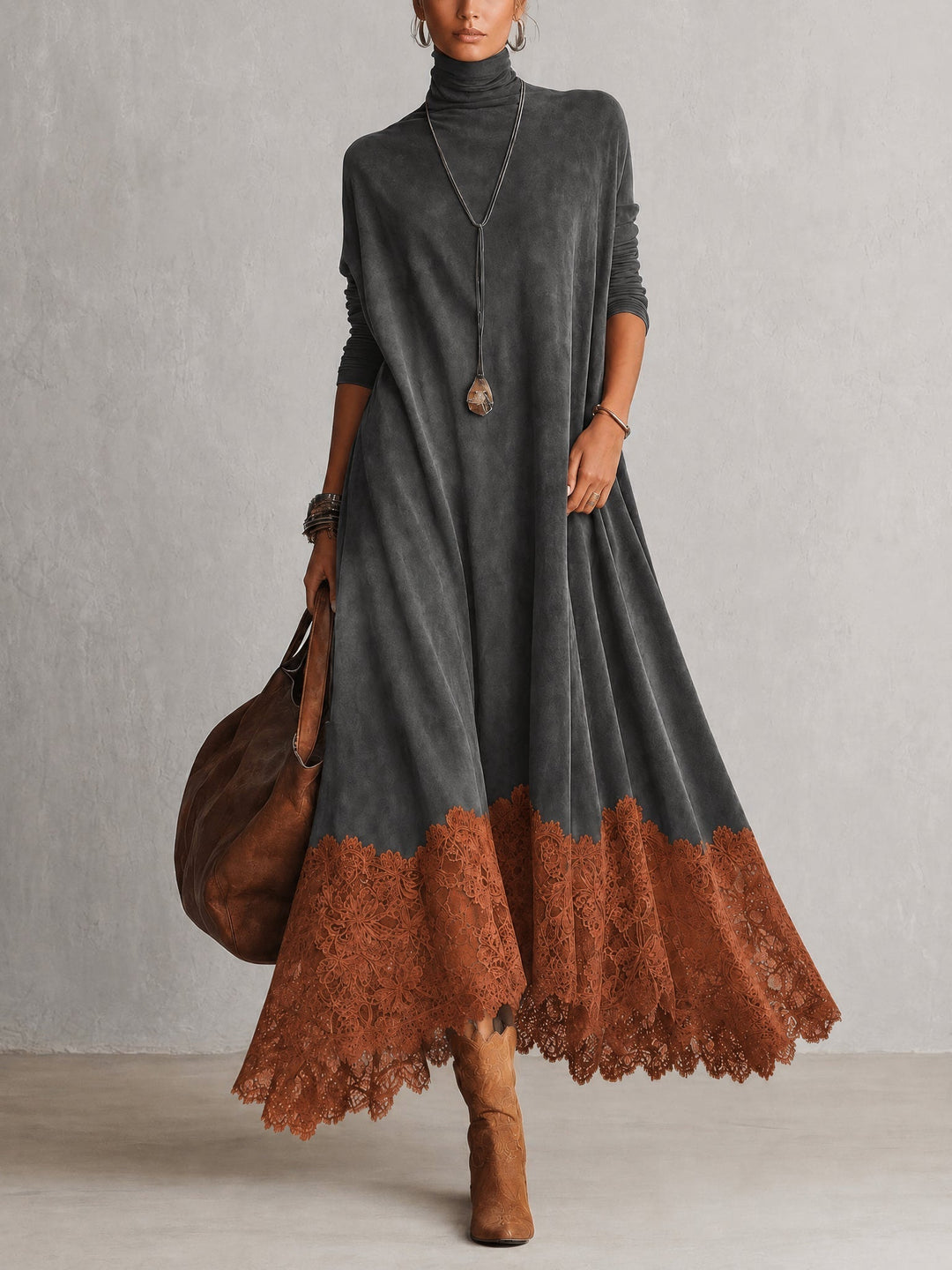 Lillian | Maxikleid mit Wildleder-Effekt und Spitze