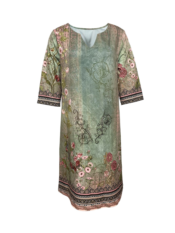 Ariella | Vintage V-Neck Dress with 3/4 Sleeve and Relaxed Fit