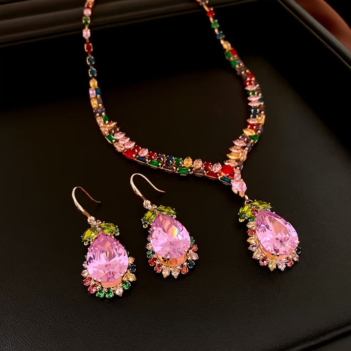 Quothex | Set aus Halskette und Ohrringen mit eleganten, mehrfarbigen Tropfen-Design