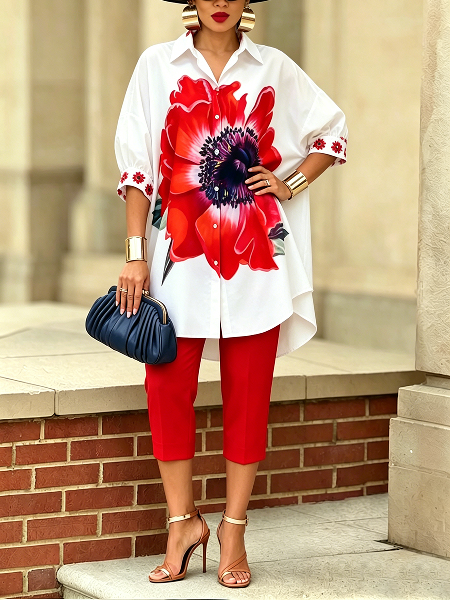 Dellira | Künstlerisches und stilvolles Zweiteiler-Set mit Bluse und Blumenhose