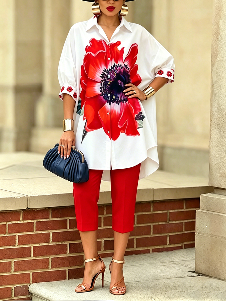 Dellira | Künstlerisches und stilvolles Zweiteiler-Set mit Bluse und Blumenhose