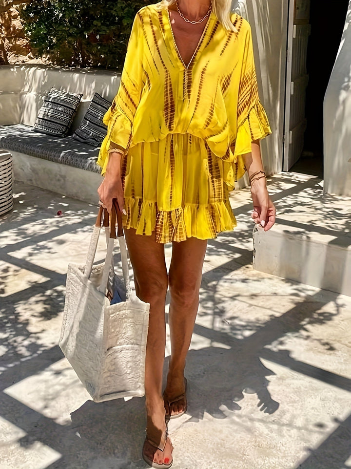 Ainsley | Lockeres Chiffonkleid mit Fledermausärmeln und Strassmuster in V-Form für Frauen