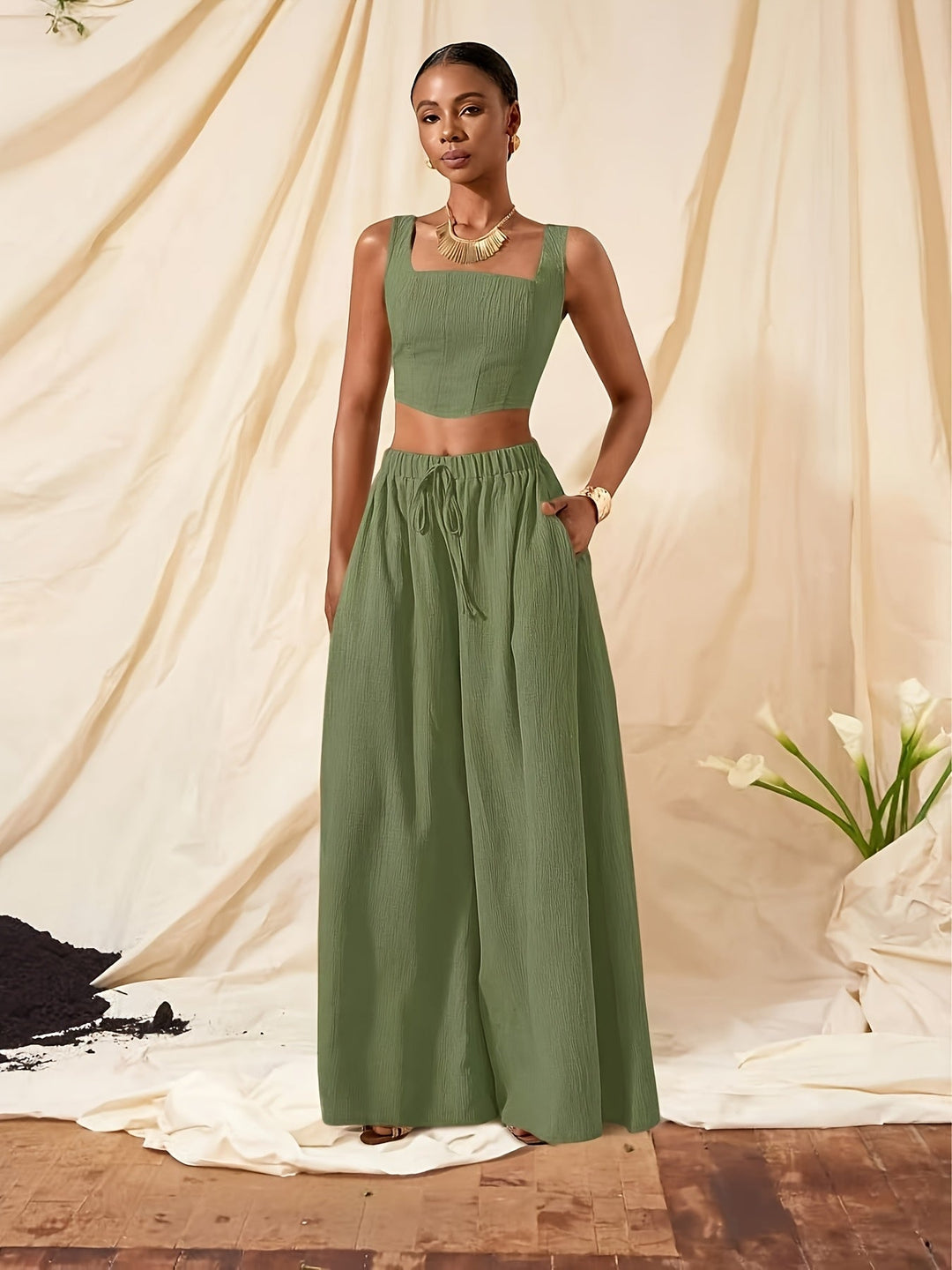 Alessia | Set aus Top mit Trägern und weit geschnittenen Hosen mit Taschen
